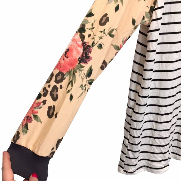 Striped Animal Floral Print Long Sleeve Shirt Women Small New Gray Peach - Picture 8 of 16